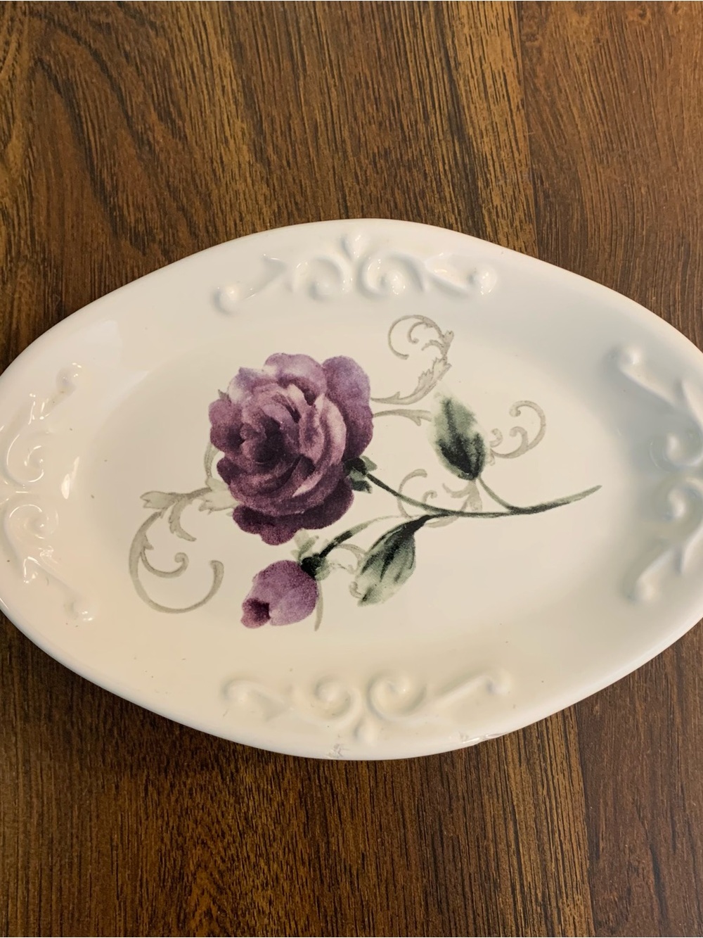 Vintage Bordeaux White Raised Design Purple Rose Ceramic Soapdish